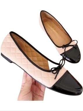 FRENCH SOLE London Amelie flats blush pink quilted black patent cap toe bow 40EU